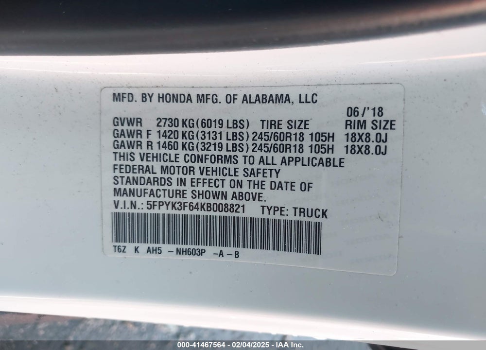 2019 HONDA RIDGELINE VIN: 5FPYK3F64KB008821