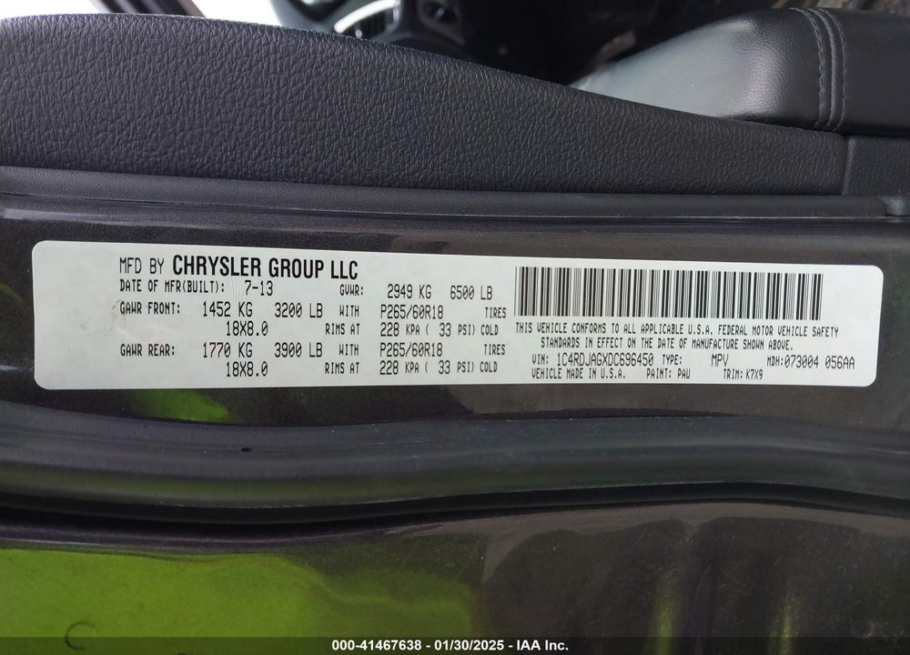 2013 DODGE DURANGO SXT VIN: 1C4RDJAGXDC696450