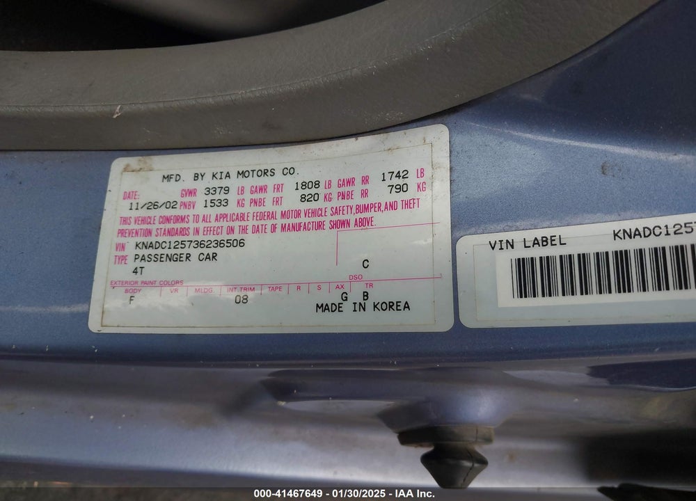 2003 KIA RIO VIN: KNADC125736236506