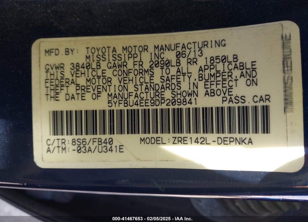 2013 TOYOTA COROLLA LE VIN: 5YFBU4EE9DP209841