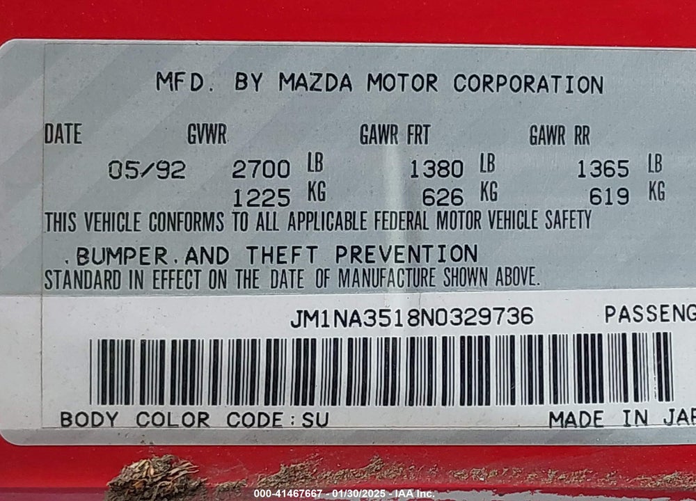 1992 MAZDA MX-5 MIATA VIN: JM1NA3518N0329736