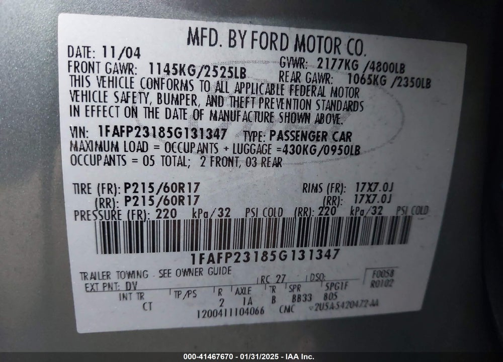 2005 FORD FIVE HUNDRED SE VIN: 1FAFP23185G131347