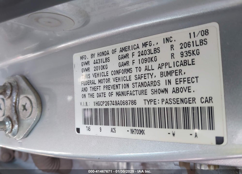 2009 HONDA ACCORD VIN: 1HGCP26749A068786