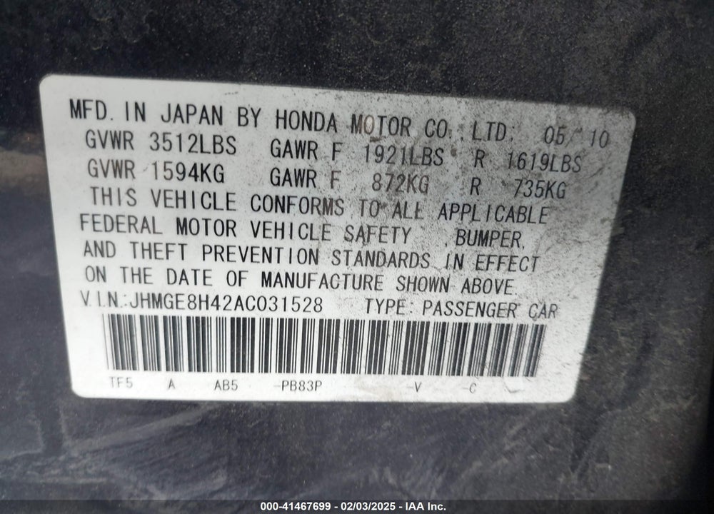 2010 HONDA FIT VIN: JHMGE8H42AC031528
