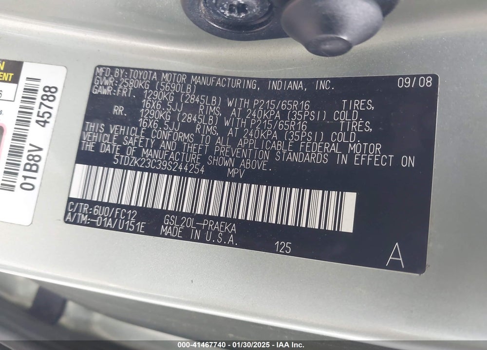2009 TOYOTA SIENNA LE VIN: 5TDZK23C39S244254