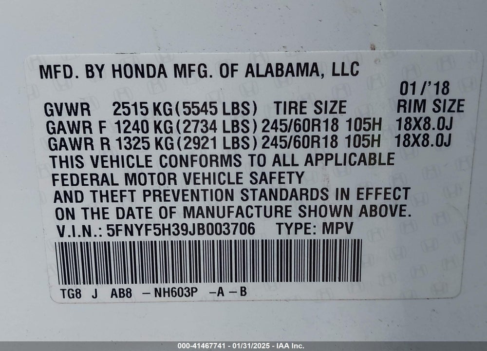 2018 HONDA PILOT EX VIN: 5FNYF5H39JB003706