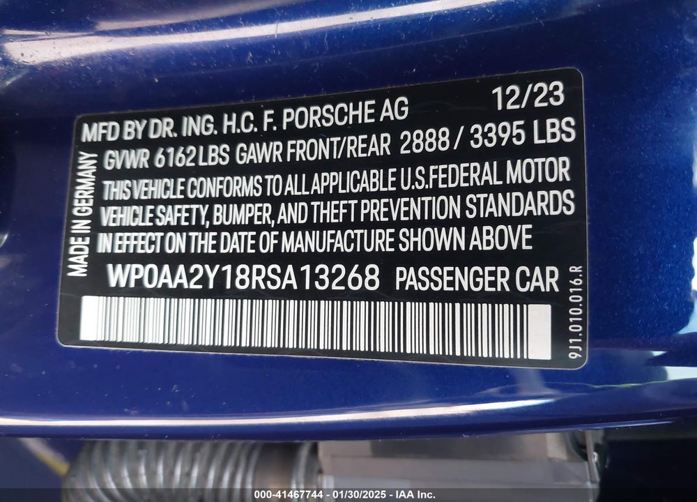 2024 PORSCHE TAYCAN VIN: WP0AA2Y18RSA13268