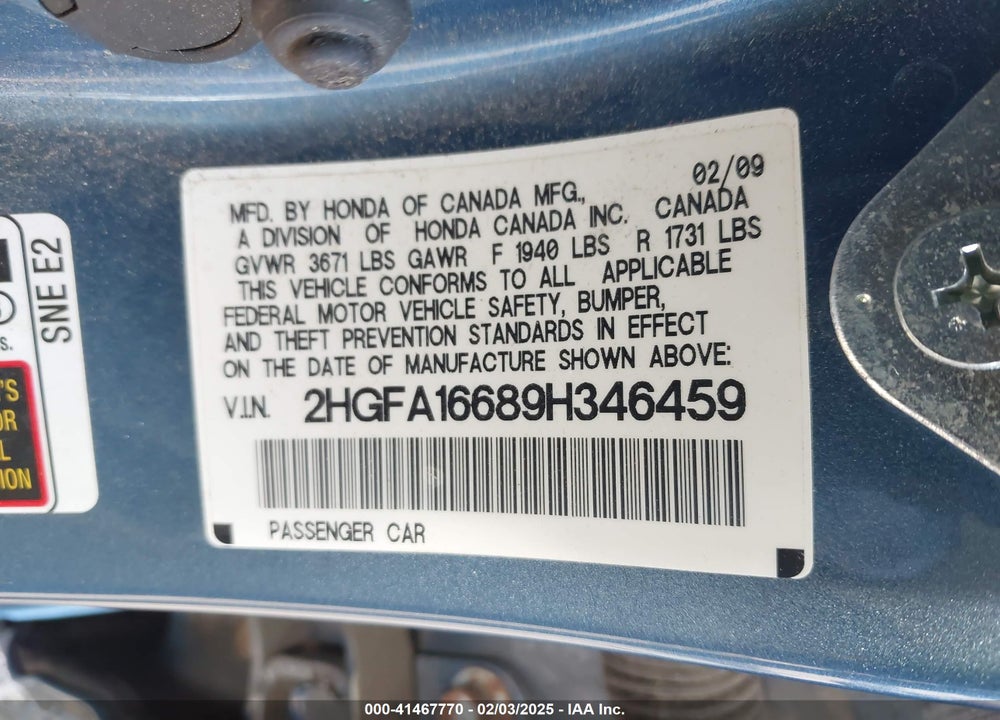 2009 HONDA CIVIC VIN: 2HGFA16689H346459