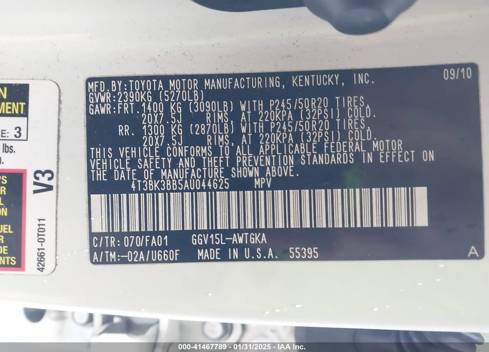 2010 TOYOTA VENZA BASE V6 VIN: 4T3BK3BB5AU044625