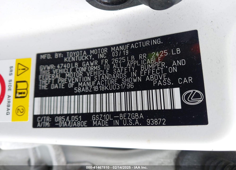 2019 LEXUS ES 350 VIN: 58ABZ1B18KU031796