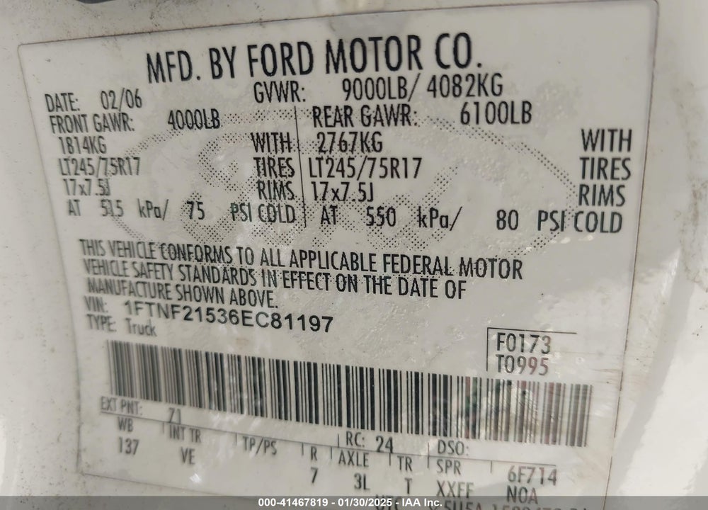 2006 FORD F250 VIN: 1FTNF21536EC81197