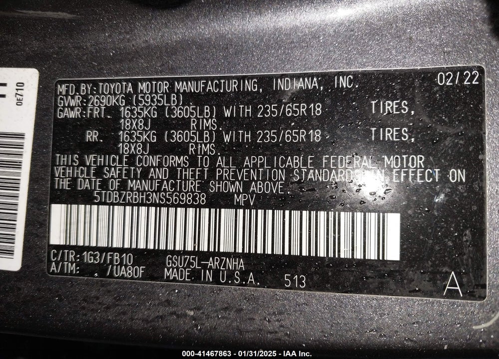 2022 TOYOTA HIGHLANDER LE VIN: 5TDBZRBH3NS569838