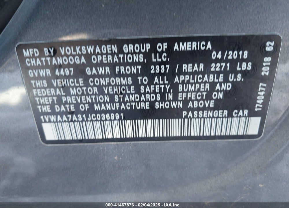 2018 VOLKSWAGEN PASSAT 2.0T R-LINE/2.0T S VIN: 1VWAA7A31JC036991