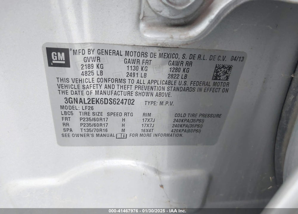 2013 CHEVROLET CAPTIVA SPORT 2LS VIN: 3GNAL2EK6DS624702