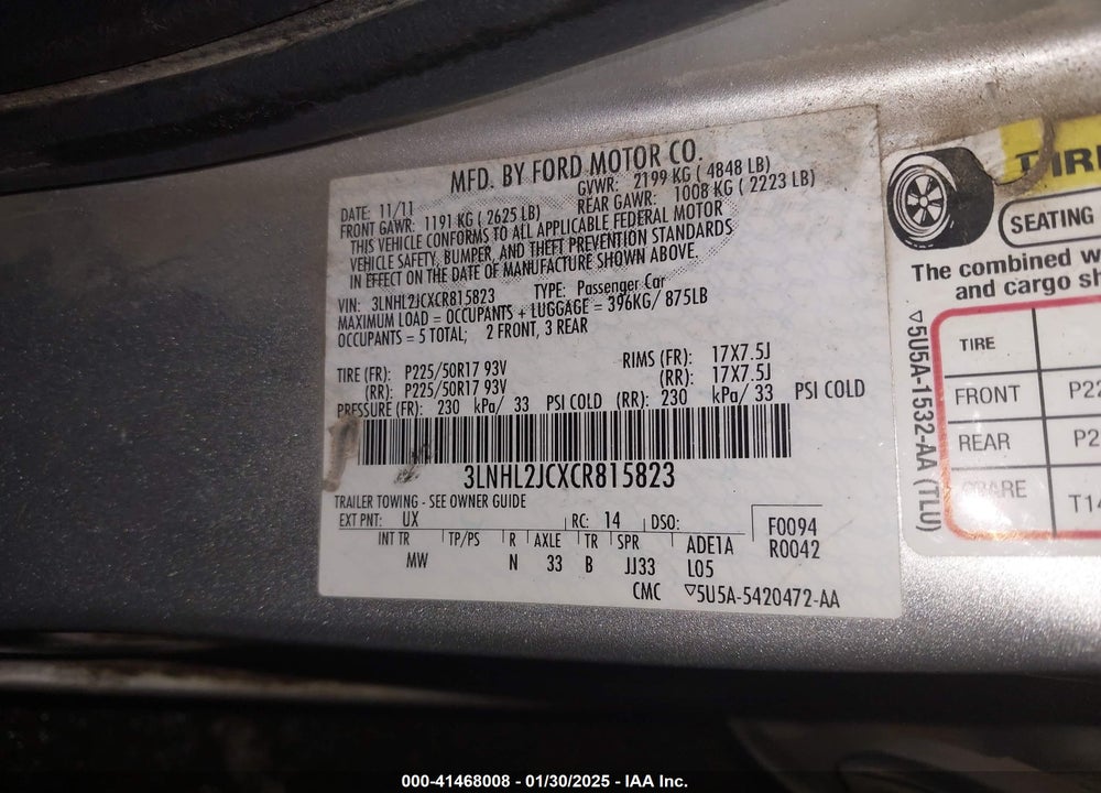 2012 LINCOLN MKZ VIN: 3LNHL2JCXCR815823