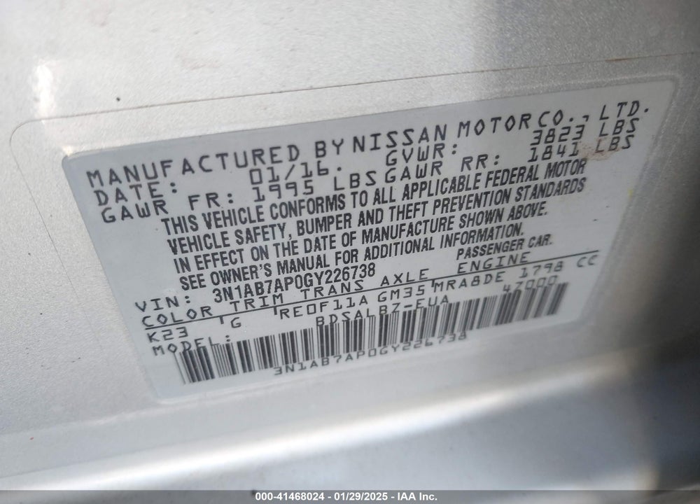 2016 NISSAN SENTRA S VIN: 3N1AB7AP0GY226738