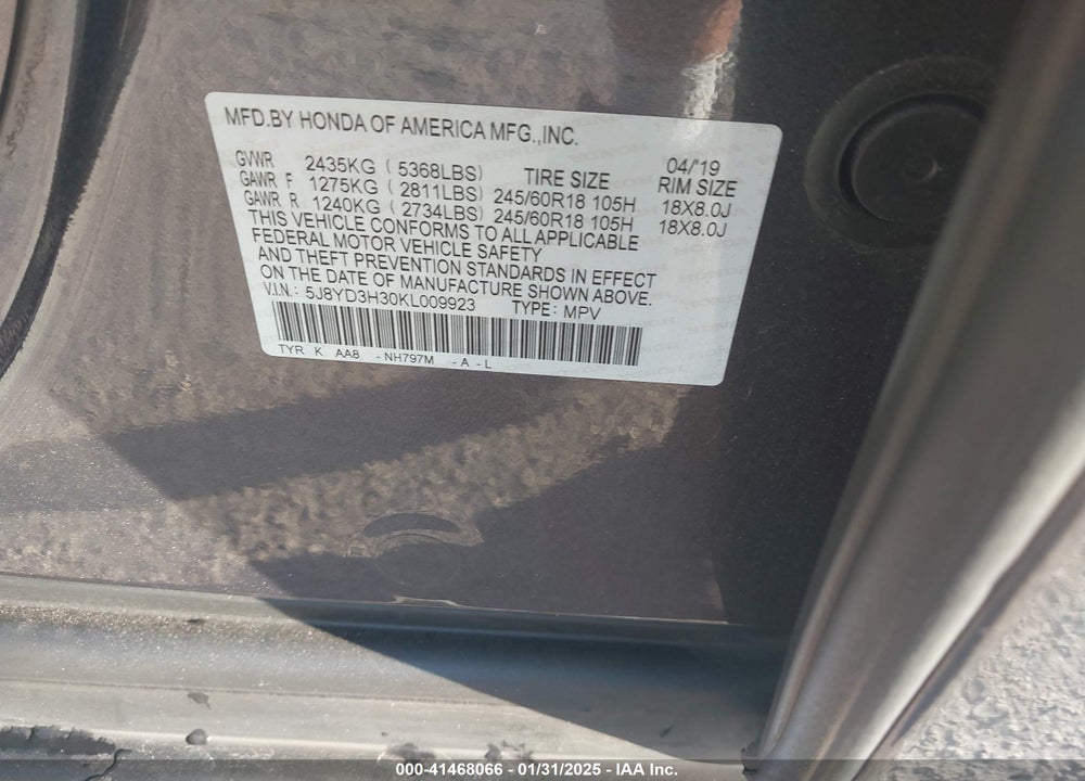 2019 ACURA MDX VIN: 5J8YD3H30KL009923