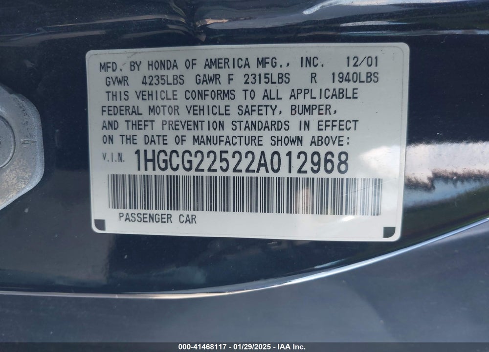 2002 HONDA ACCORD 3.0 EX VIN: 1HGCG22522A012968