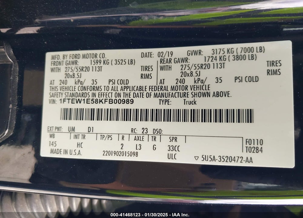 2019 FORD F-150 VIN: 1FTEW1E58KFB00989