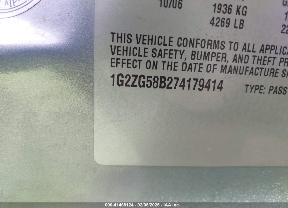2007 PONTIAC G6 VIN: 1G2ZG58B274179414