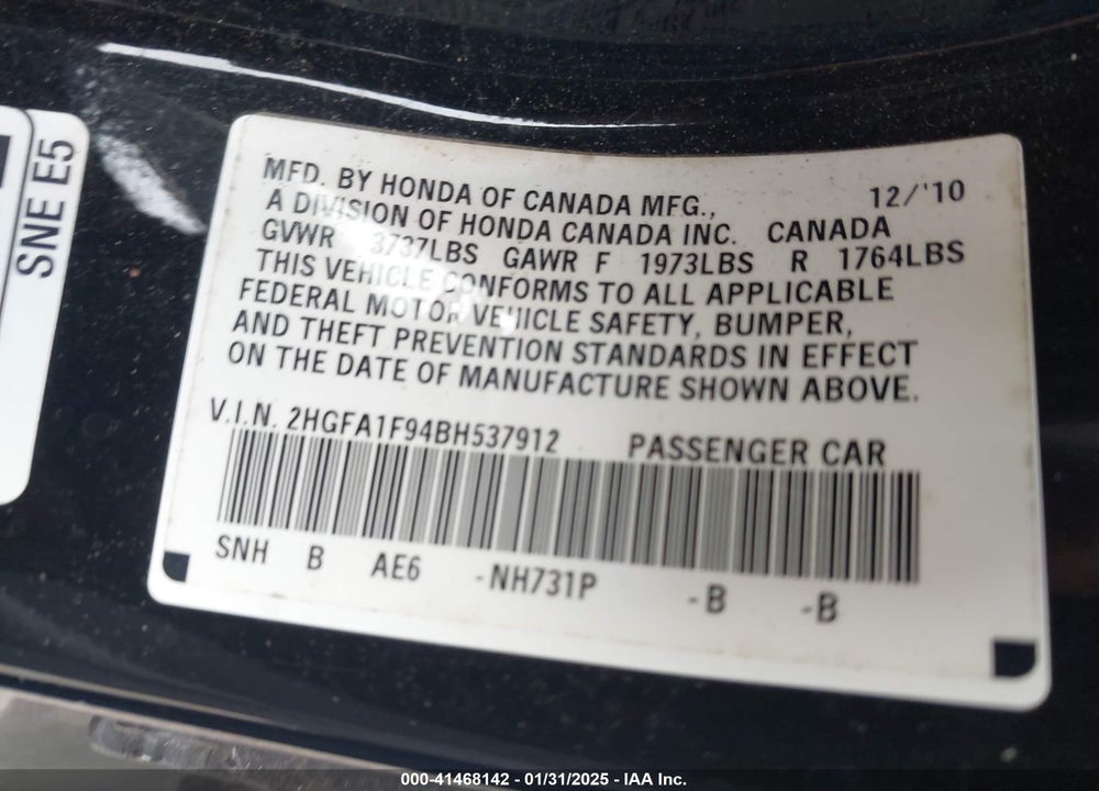 2011 HONDA CIVIC EX-L VIN: 2HGFA1F94BH537912