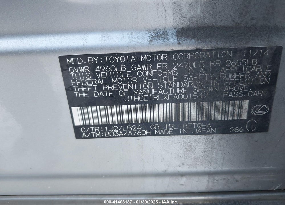 2015 LEXUS GS 350 VIN: JTHCE1BLXFA001542