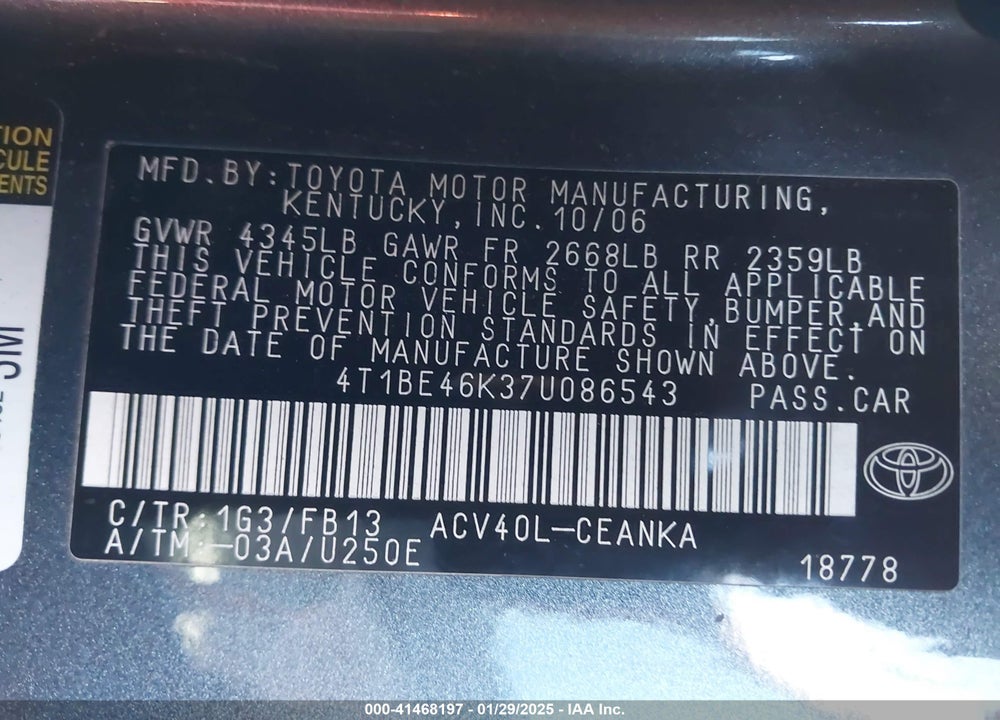 2007 TOYOTA CAMRY LE VIN: 4T1BE46K37U086543