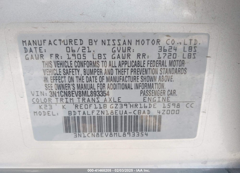2021 NISSAN VERSA SV XTRONIC CVT VIN: 3N1CN8EV8ML893354