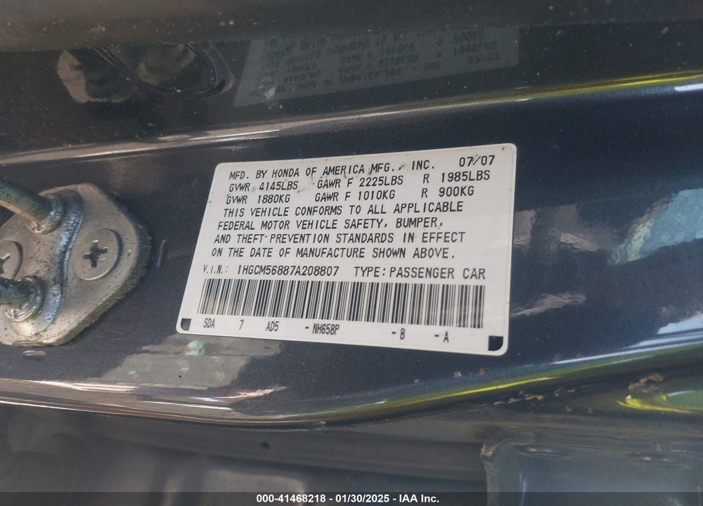 2007 HONDA ACCORD 2.4 EX VIN: 1HGCM56887A208807