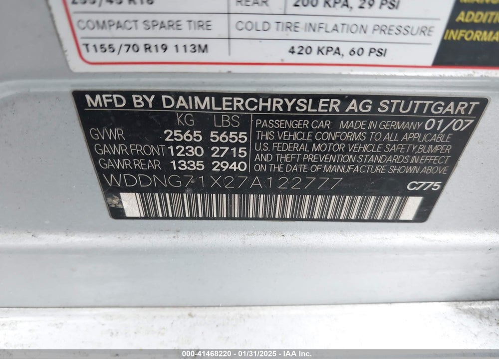 2007 MERCEDES-BENZ S 550 VIN: WDDNG71X27A122777