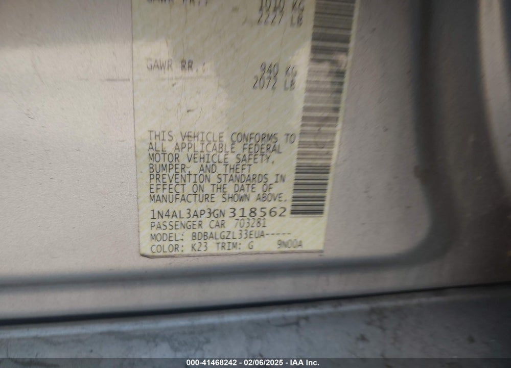 2016 NISSAN ALTIMA VIN: 1N4AL3AP3GN318562