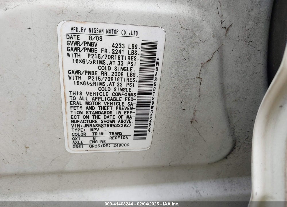 2009 NISSAN ROGUE S VIN: JN8AS58T89W322927