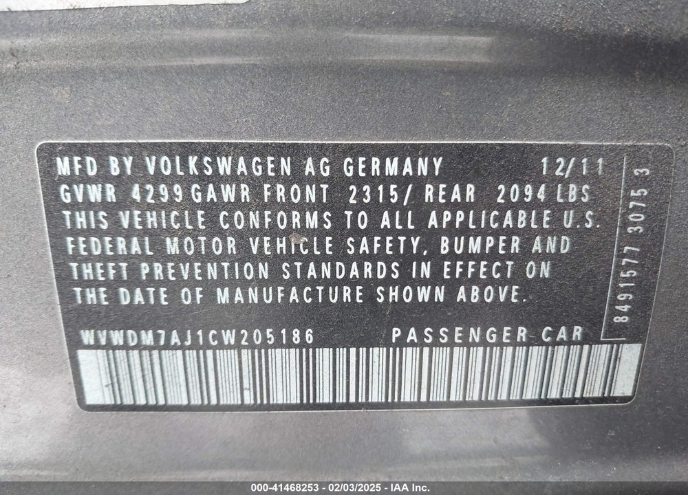 2012 VOLKSWAGEN GOLF VIN: WVWDM7AJ1CW205186