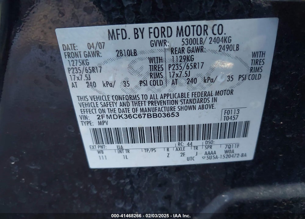 2007 FORD EDGE VIN: 2FMDK36C67BB03653