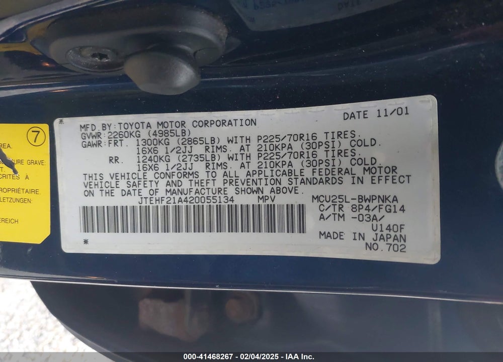 2002 TOYOTA HIGHLANDER V6 VIN: JTEHF21A420055134