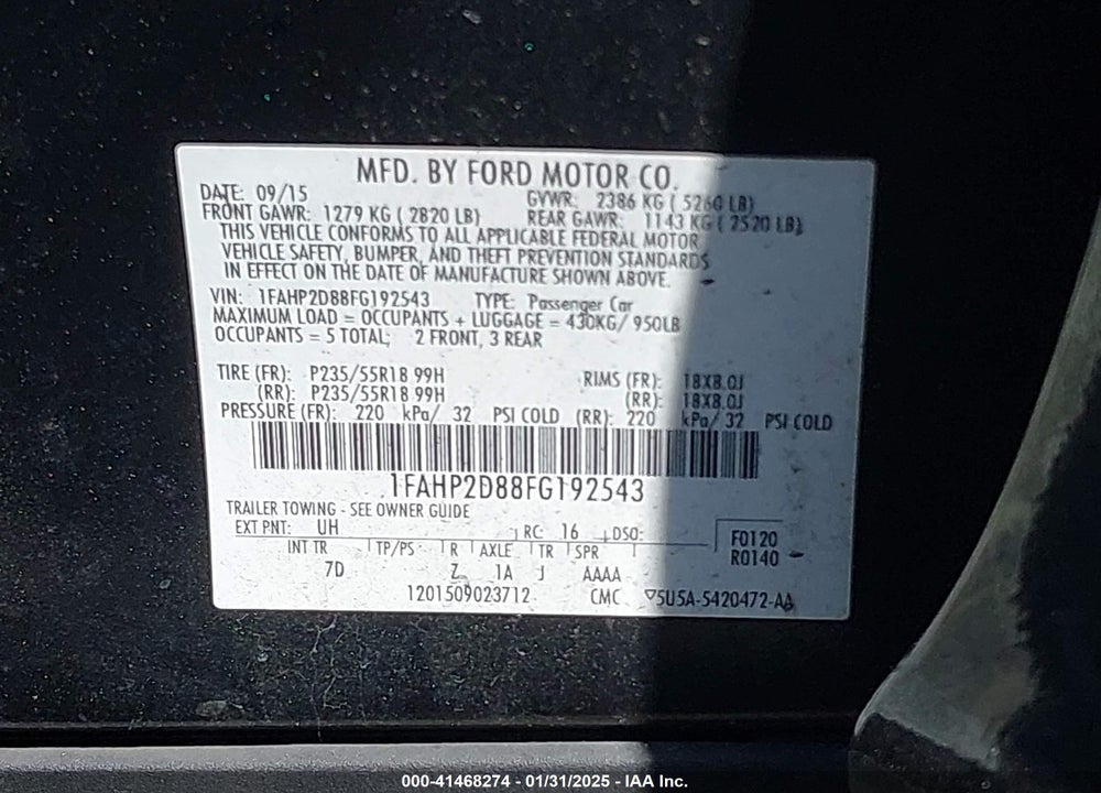 2015 FORD TAURUS SE VIN: 1FAHP2D88FG192543