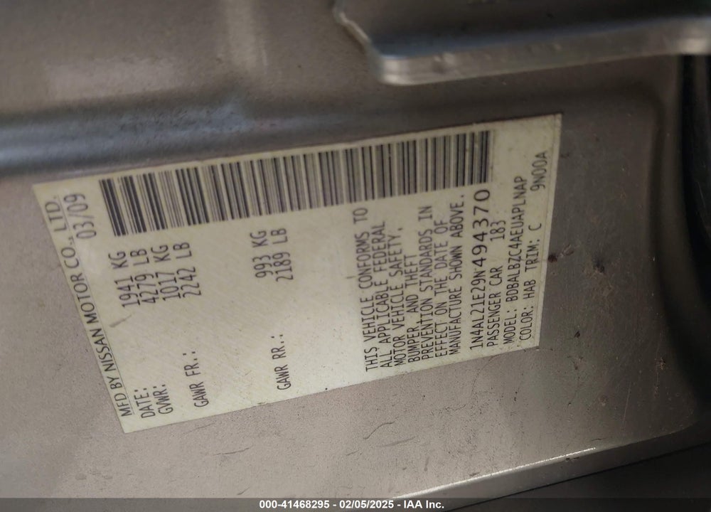2009 NISSAN ALTIMA VIN: 1N4AL21E29N494370