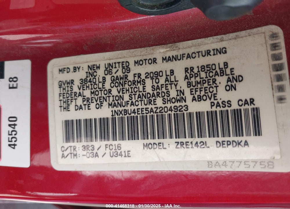 2010 TOYOTA COROLLA VIN: 1NXBU4EE5AZ204923