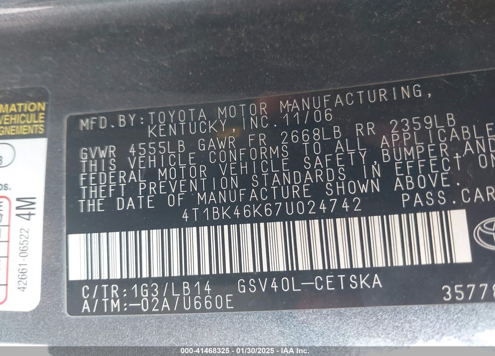2007 TOYOTA CAMRY SE V6 VIN: 4T1BK46K67U024742