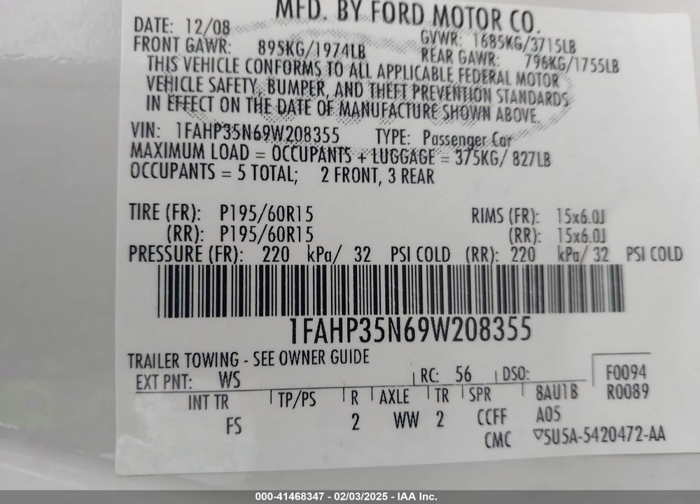 2009 FORD FOCUS SE VIN: 1FAHP35N69W208355