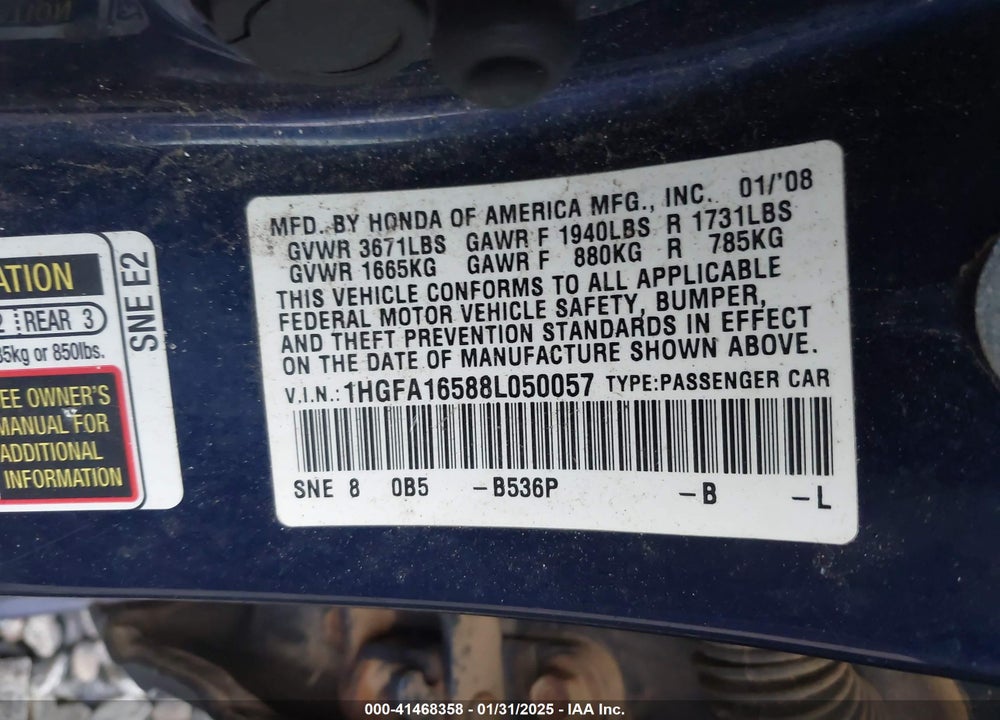 2008 HONDA CIVIC LX VIN: 1HGFA16588L050057