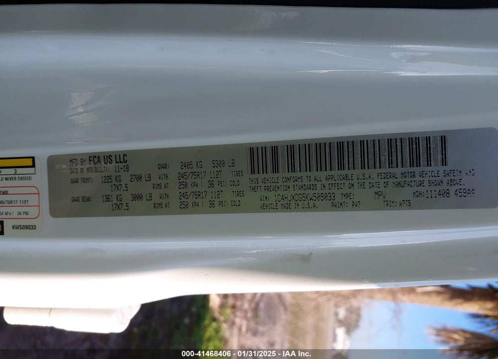 2019 JEEP WRANGLER UNLIMITED VIN: 1C4HJXDG5KW509033