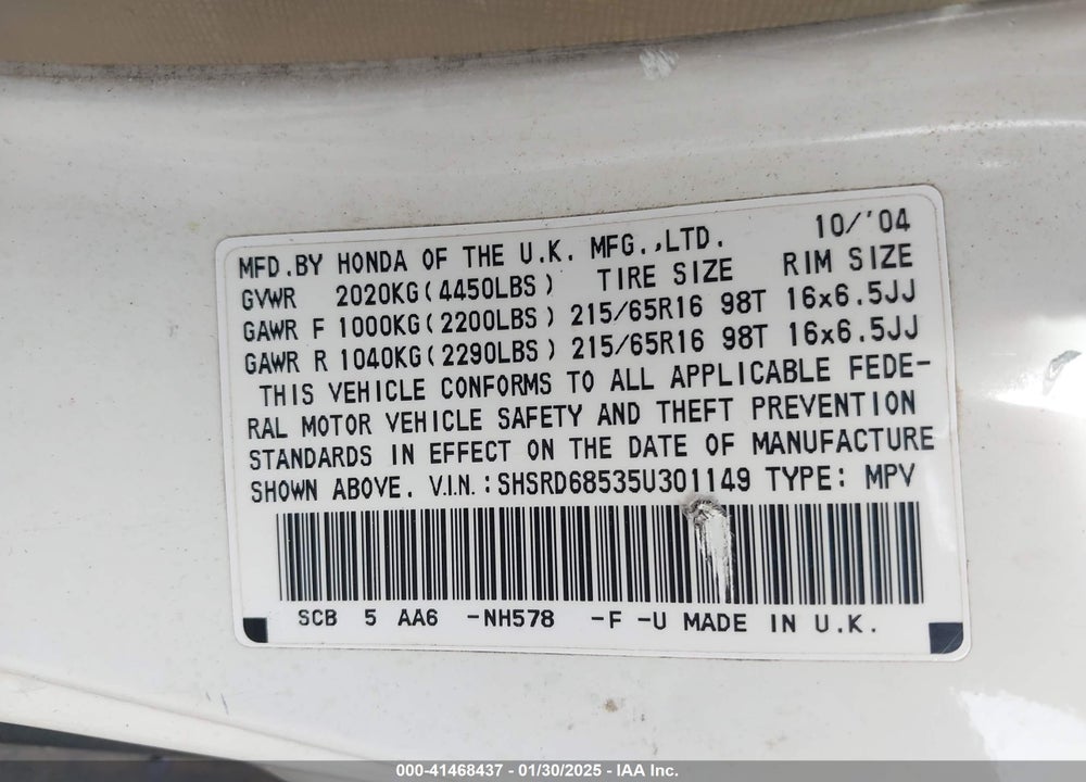 2005 HONDA CR-V LX VIN: SHSRD68535U301149
