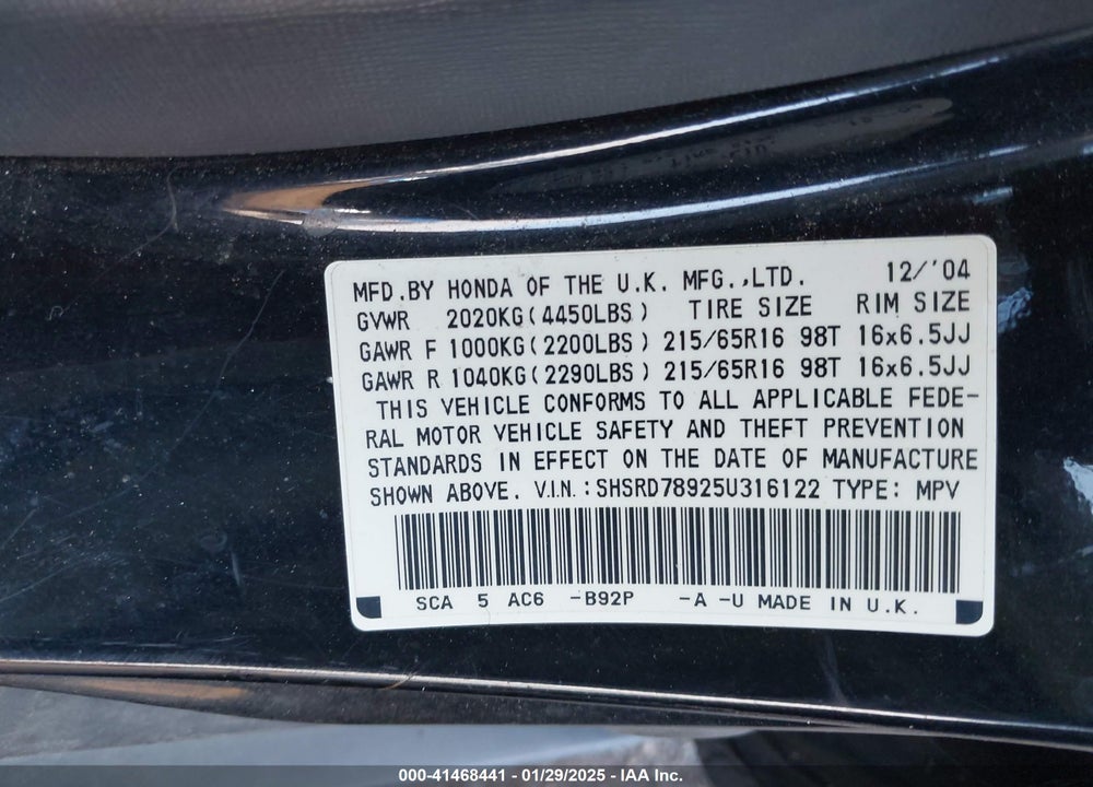 2005 HONDA CR-V SE VIN: SHSRD78925U316122