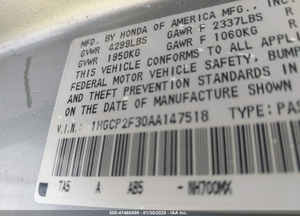 2010 HONDA ACCORD VIN: 1HGCP2F30AA147518