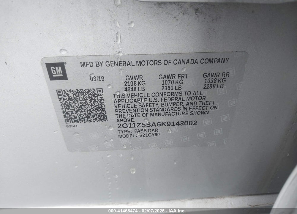 2019 CHEVROLET IMPALA LT VIN: 2G11Z5SA6K9143002