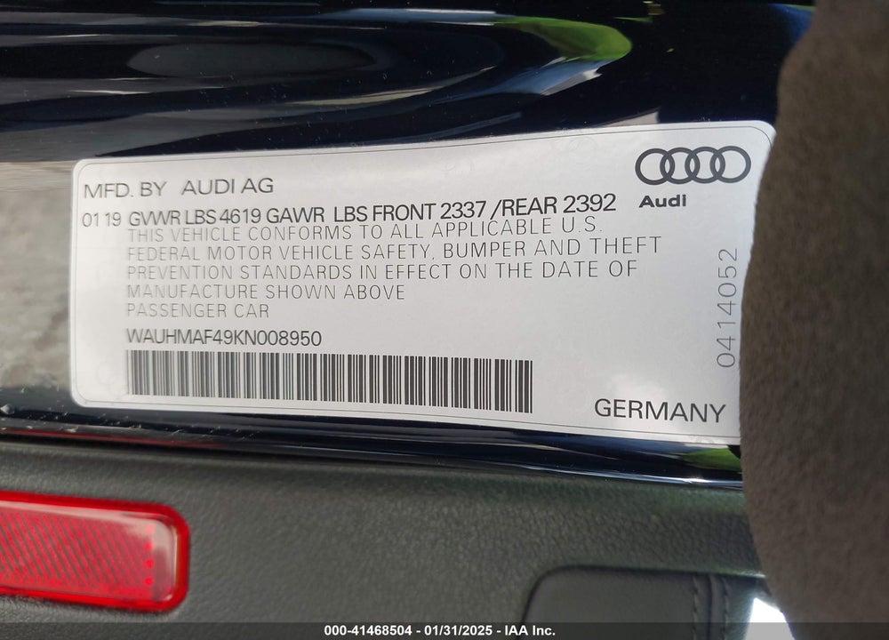 2019 AUDI A4 40 PREMIUM VIN: WAUHMAF49KN008950