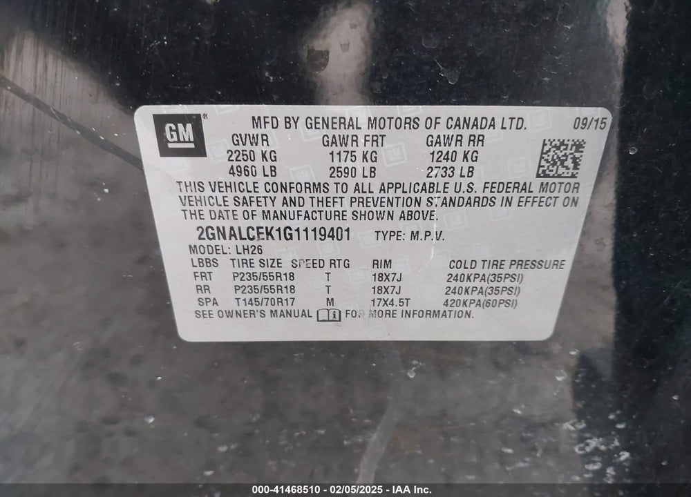 2016 CHEVROLET EQUINOX LT VIN: 2GNALCEK1G1119401