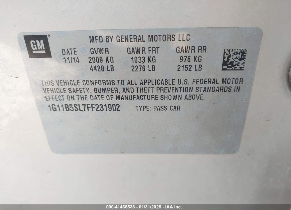 2015 CHEVROLET MALIBU VIN: 1G11B5SL7FF231902