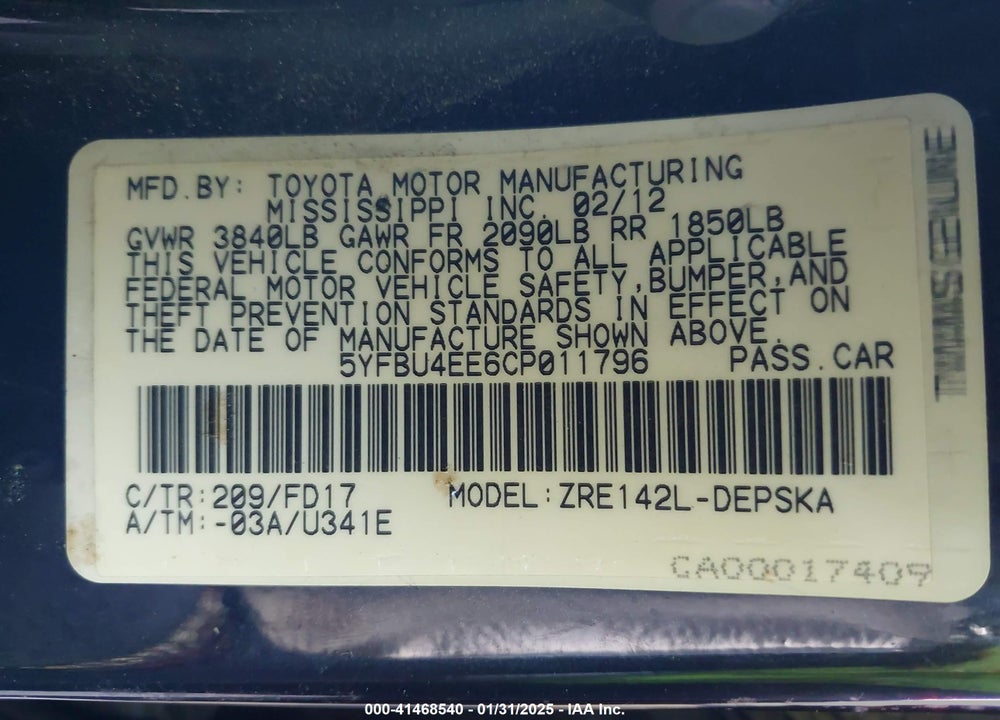 2012 TOYOTA COROLLA S VIN: 5YFBU4EE6CP011796